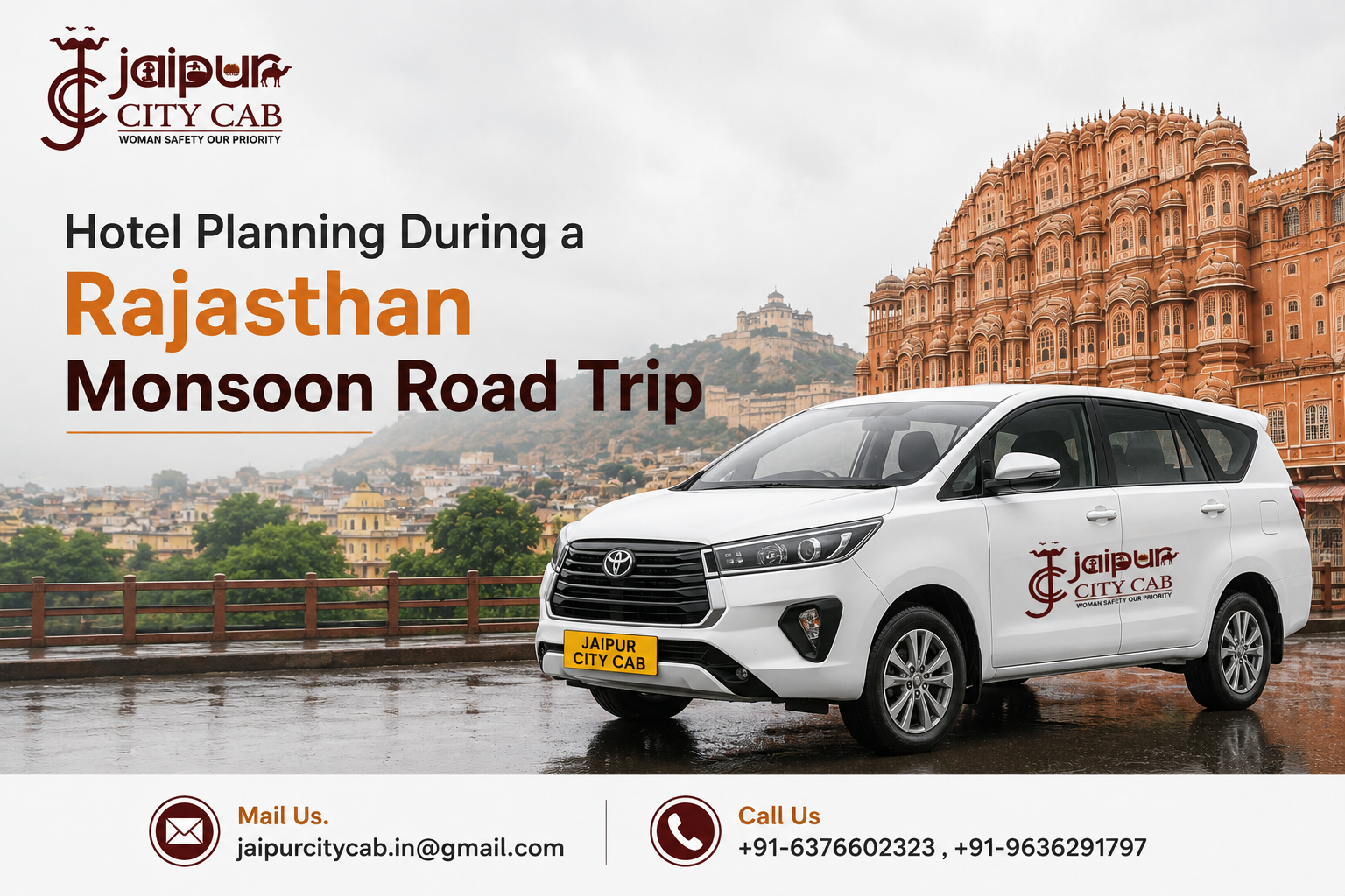 Private taxi on Rajasthan highway during monsoon
