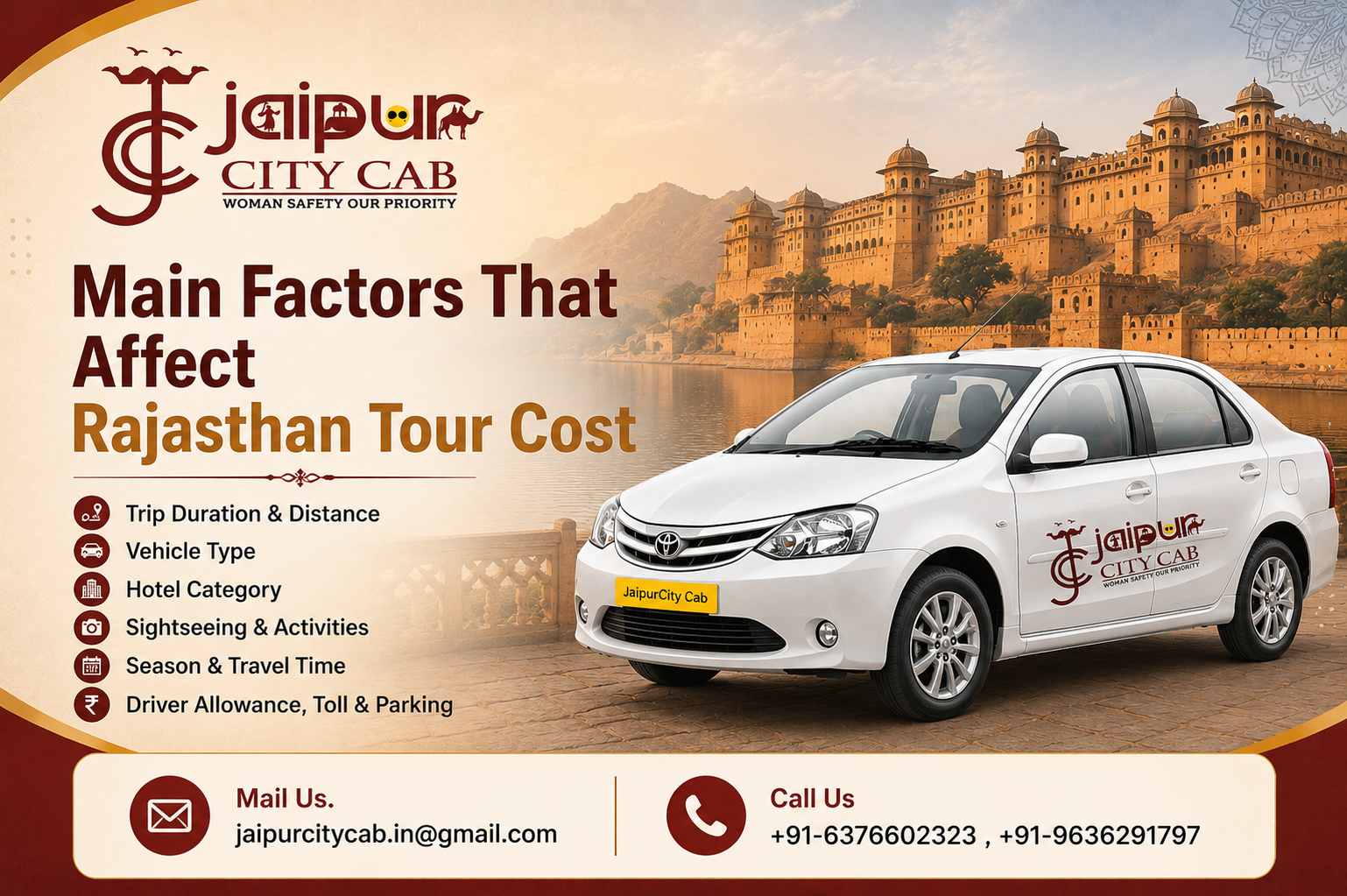Rajasthan tour cost 2026 private cab hotel sightseeing budget guide