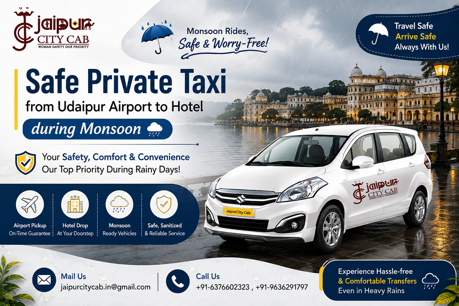 Safe private taxi from Udaipur Airport to hotel during monsoon